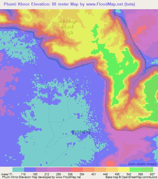 Phumi Khnor,Cambodia Elevation Map