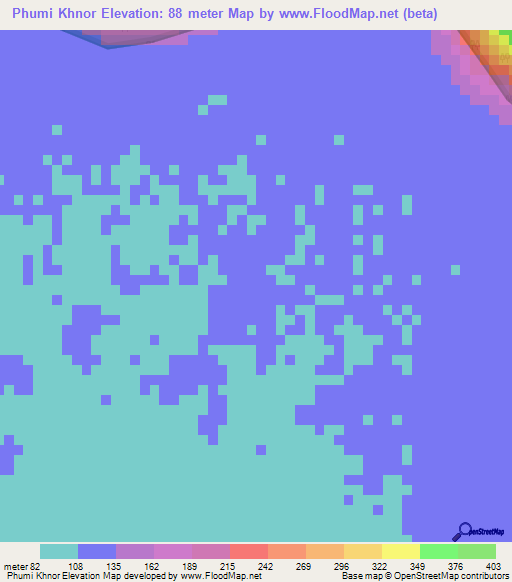 Phumi Khnor,Cambodia Elevation Map