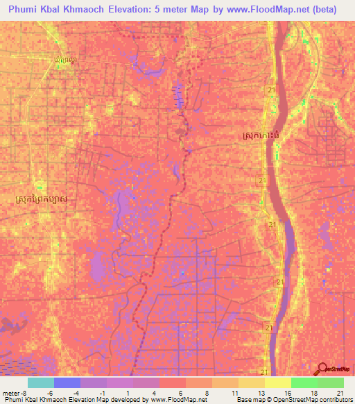 Phumi Kbal Khmaoch,Cambodia Elevation Map