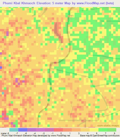 Phumi Kbal Khmaoch,Cambodia Elevation Map