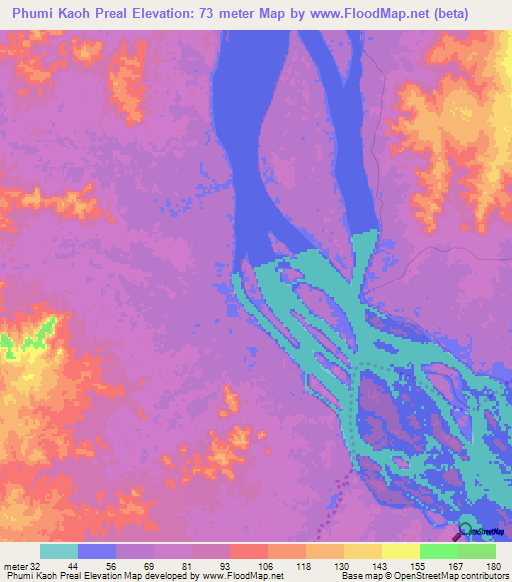 Phumi Kaoh Preal,Cambodia Elevation Map