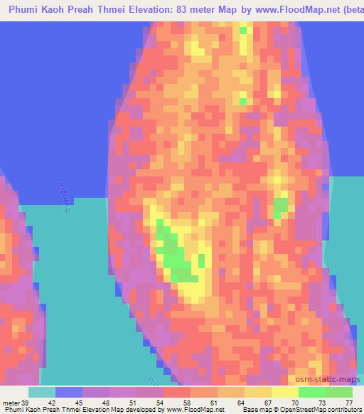 Phumi Kaoh Preah Thmei,Cambodia Elevation Map