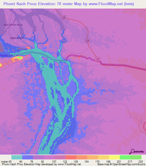 Phumi Kaoh Pnou,Cambodia Elevation Map