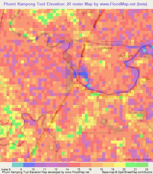 Phumi Kampong Tuol,Cambodia Elevation Map
