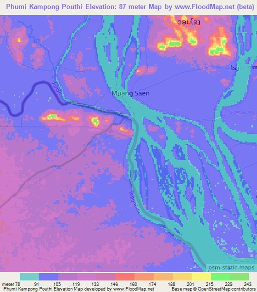 Phumi Kampong Pouthi,Cambodia Elevation Map