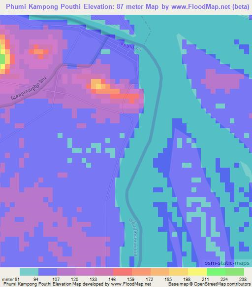 Phumi Kampong Pouthi,Cambodia Elevation Map