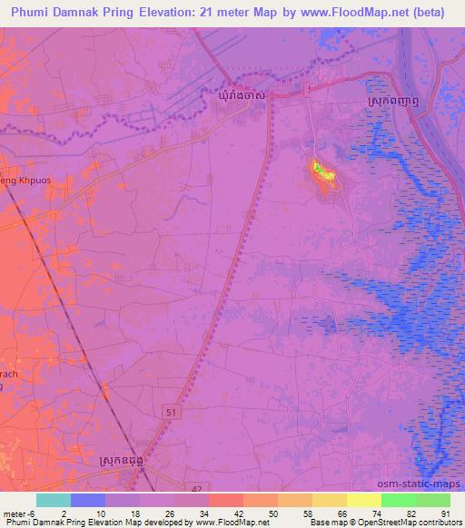 Phumi Damnak Pring,Cambodia Elevation Map