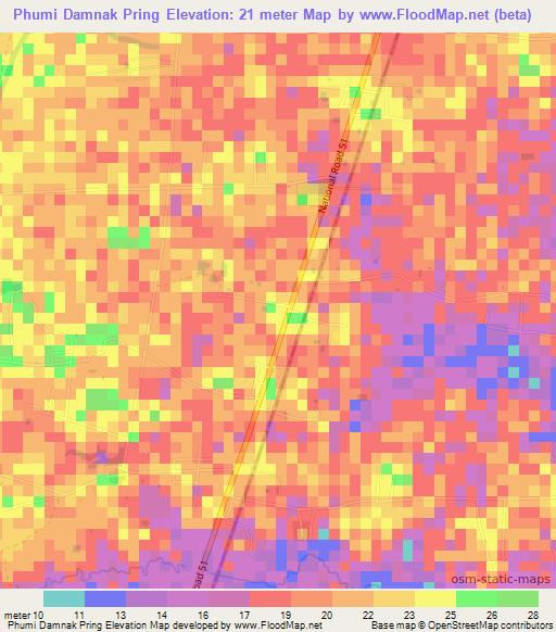 Phumi Damnak Pring,Cambodia Elevation Map