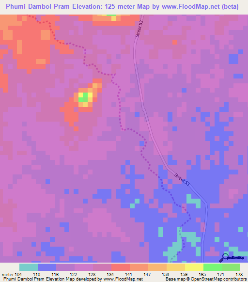 Phumi Dambol Pram,Cambodia Elevation Map