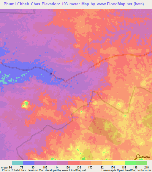 Phumi Chheb Chas,Cambodia Elevation Map