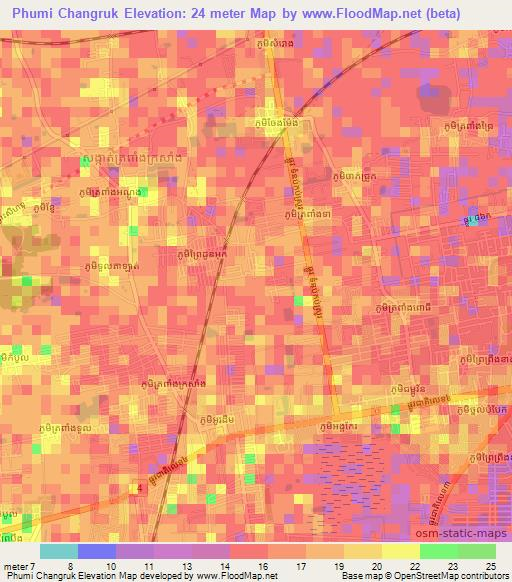 Phumi Changruk,Cambodia Elevation Map