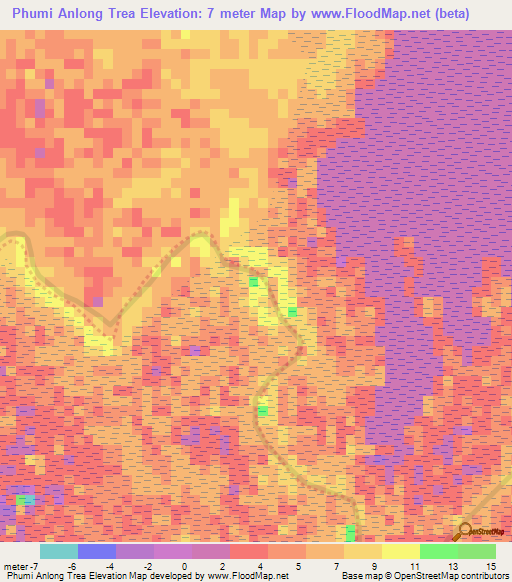 Phumi Anlong Trea,Cambodia Elevation Map