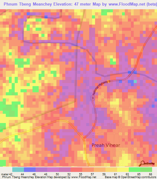 Phnum Tbeng Meanchey,Cambodia Elevation Map