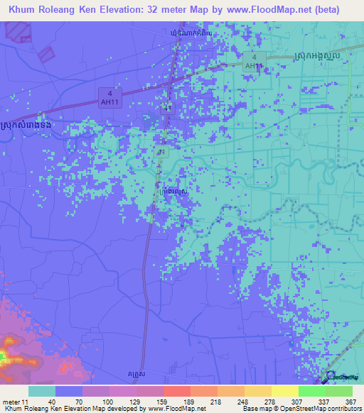 Khum Roleang Ken,Cambodia Elevation Map