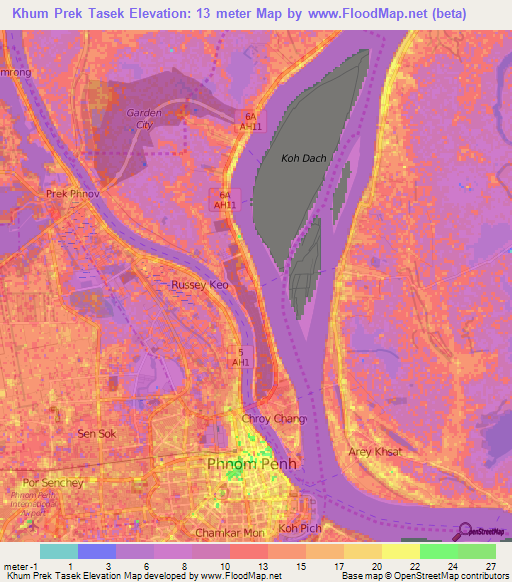 Khum Prek Tasek,Cambodia Elevation Map