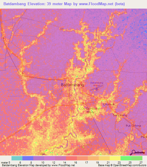 Batdambang,Cambodia Elevation Map