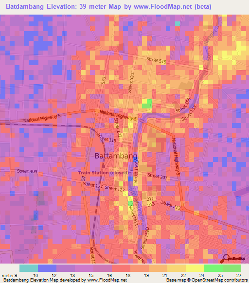 Batdambang,Cambodia Elevation Map