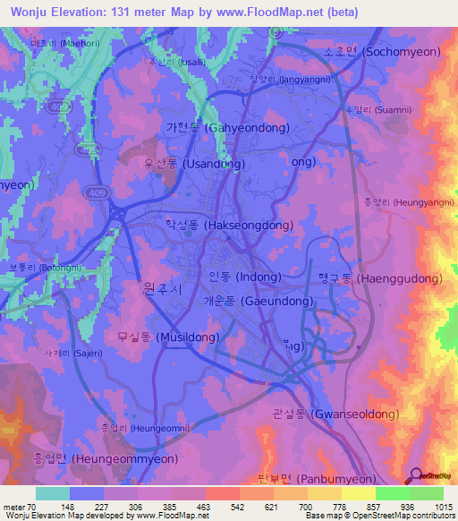 Wonju,South Korea Elevation Map