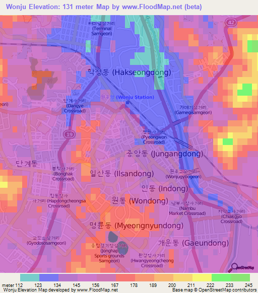 Wonju,South Korea Elevation Map