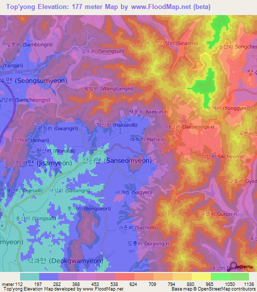 Top'yong,South Korea Elevation Map