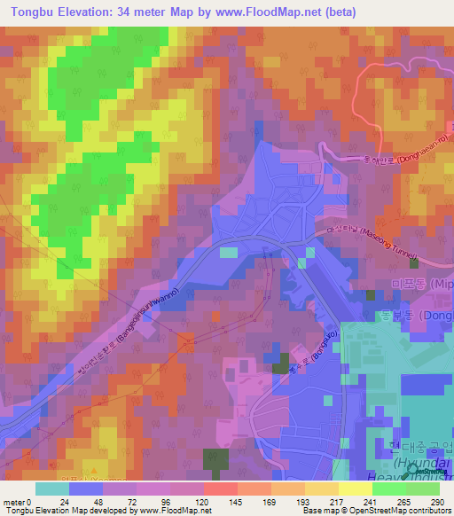 Tongbu,South Korea Elevation Map