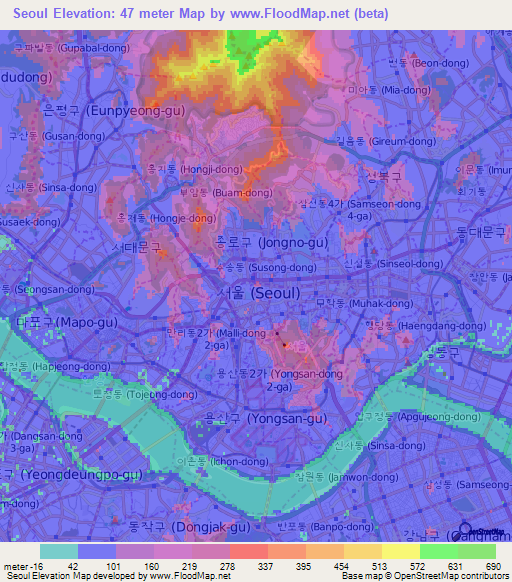 Seoul,South Korea Elevation Map