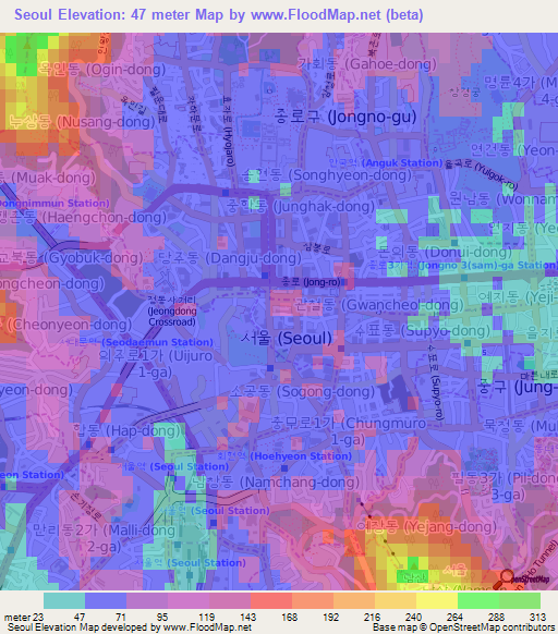 Seoul,South Korea Elevation Map