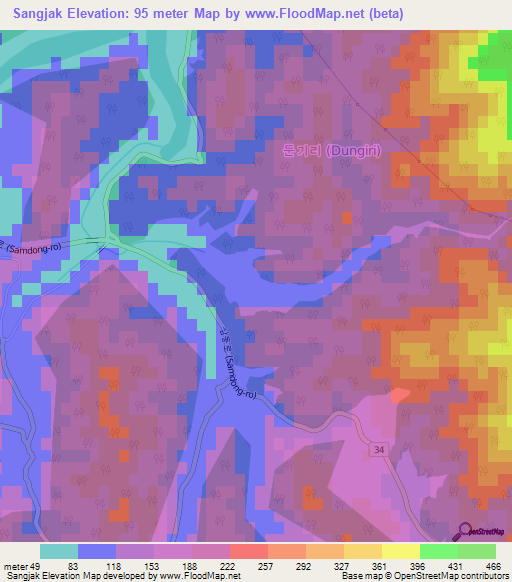 Sangjak,South Korea Elevation Map