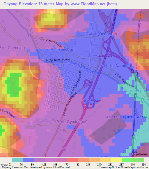 Onyang,South Korea Elevation Map
