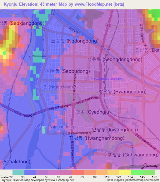 Kyonju,South Korea Elevation Map