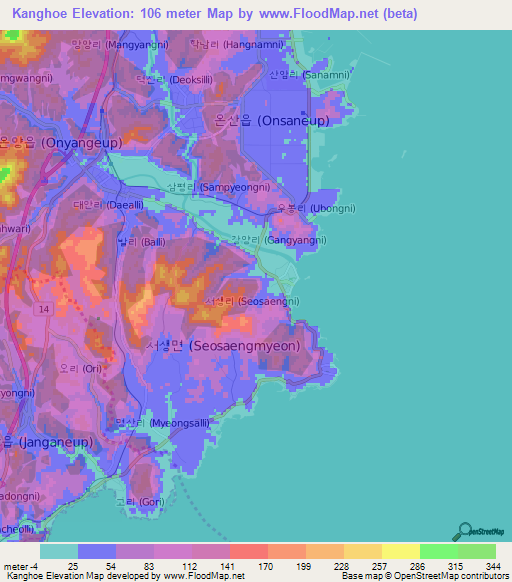 Kanghoe,South Korea Elevation Map