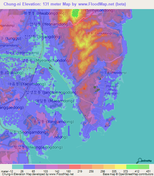 Chung-ni,South Korea Elevation Map