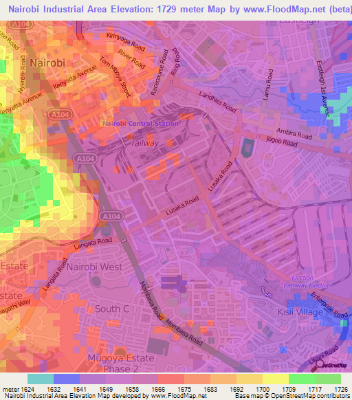 Nairobi Industrial Area,Kenya Elevation Map