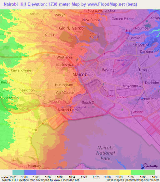 Nairobi Hill,Kenya Elevation Map
