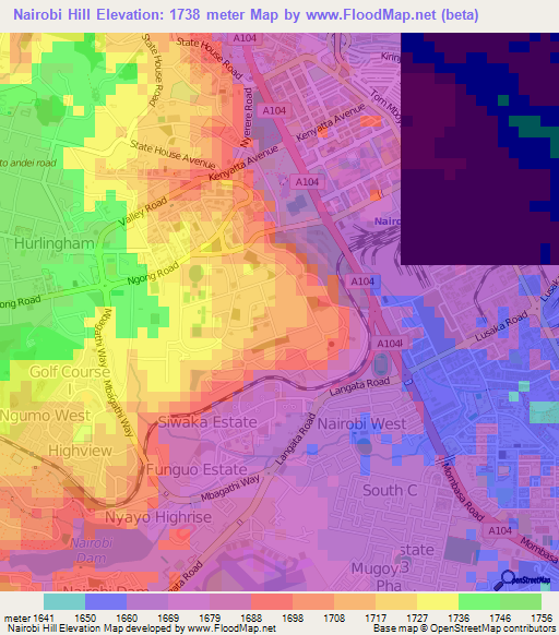 Nairobi Hill,Kenya Elevation Map