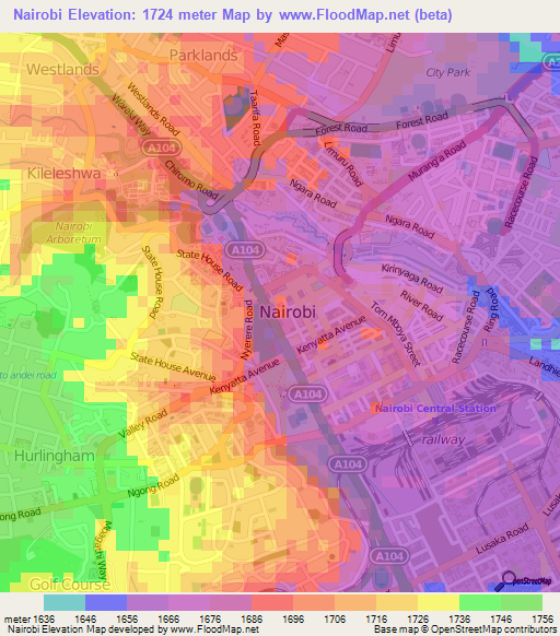 Nairobi,Kenya Elevation Map