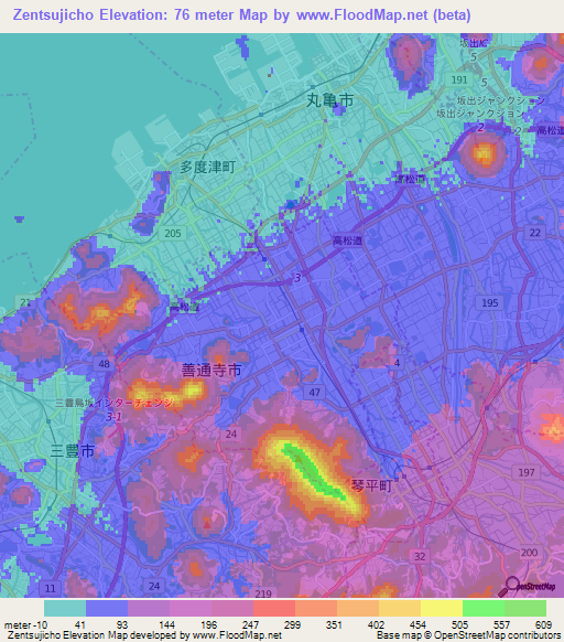 Zentsujicho,Japan Elevation Map
