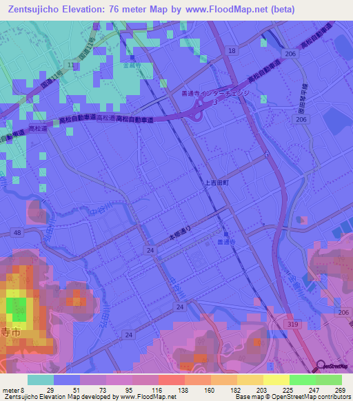 Zentsujicho,Japan Elevation Map