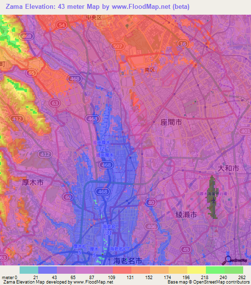 Zama,Japan Elevation Map