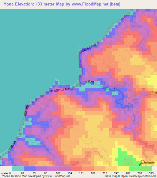 Yona,Japan Elevation Map