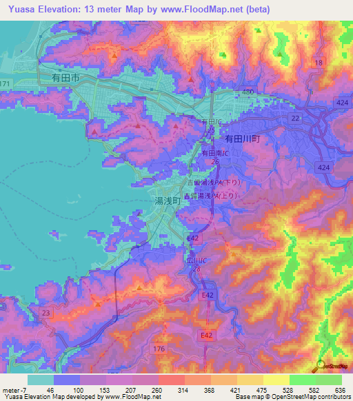 Yuasa,Japan Elevation Map