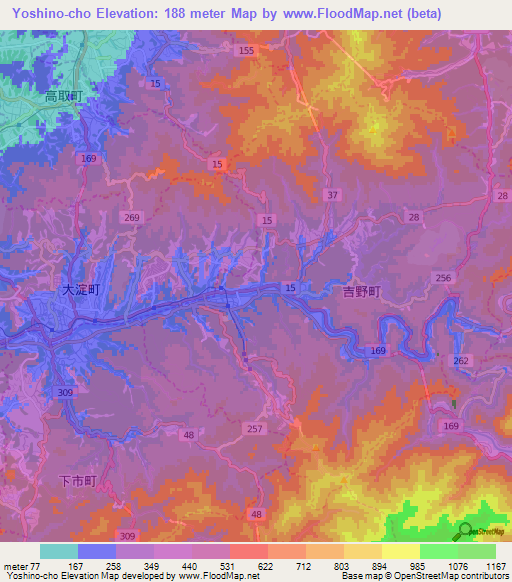 Yoshino-cho,Japan Elevation Map