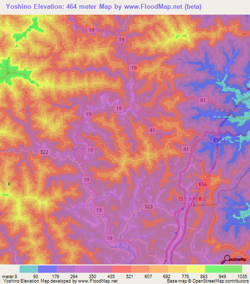 Yoshino,Japan Elevation Map