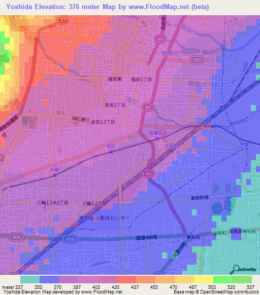 Yoshida,Japan Elevation Map