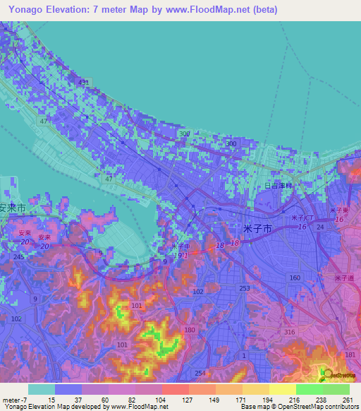 Yonago,Japan Elevation Map