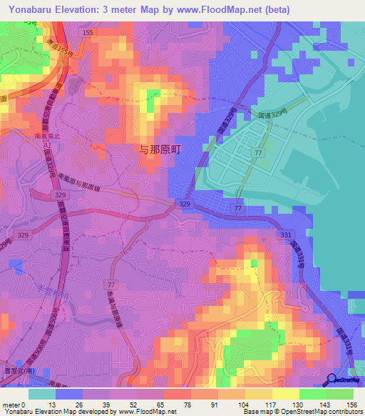 Yonabaru,Japan Elevation Map