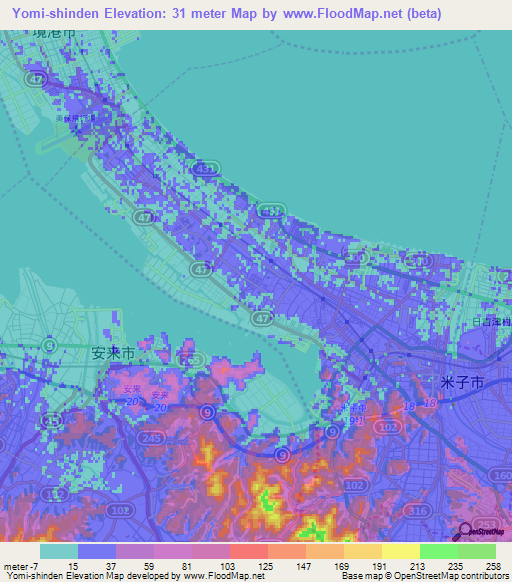Yomi-shinden,Japan Elevation Map