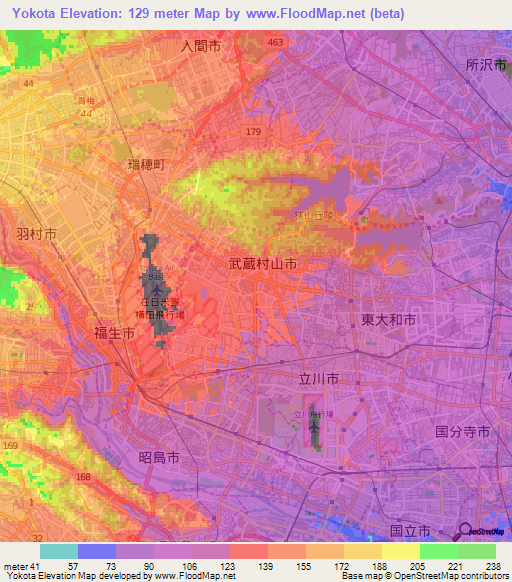 Yokota,Japan Elevation Map