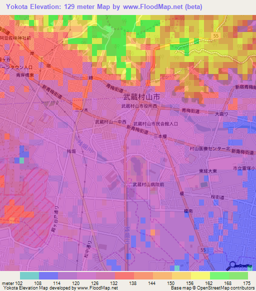 Yokota,Japan Elevation Map
