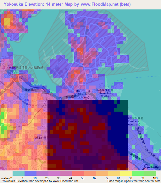 Yokosuka,Japan Elevation Map